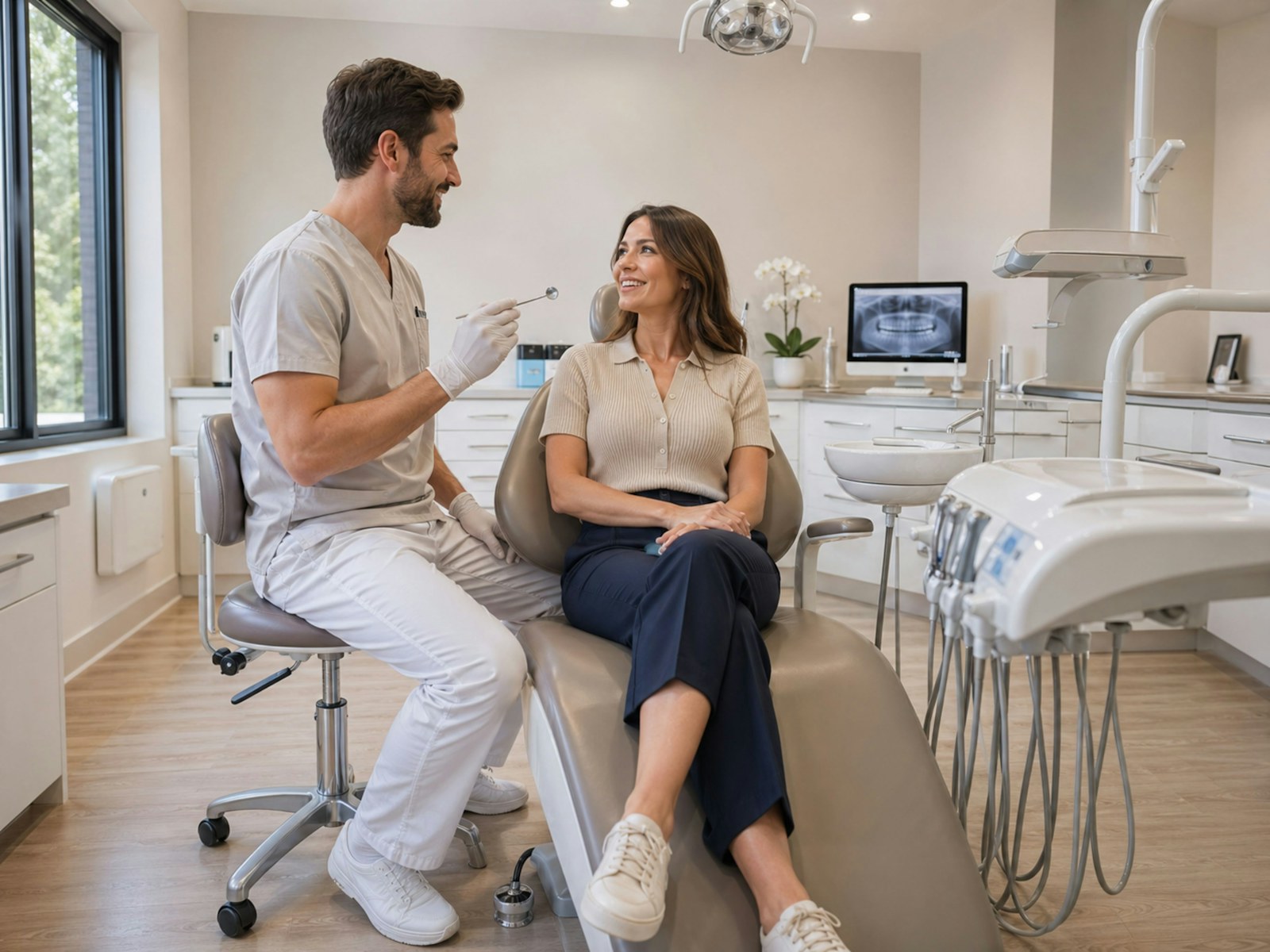 Dentist speaking with a patient in a modern dental practice.
